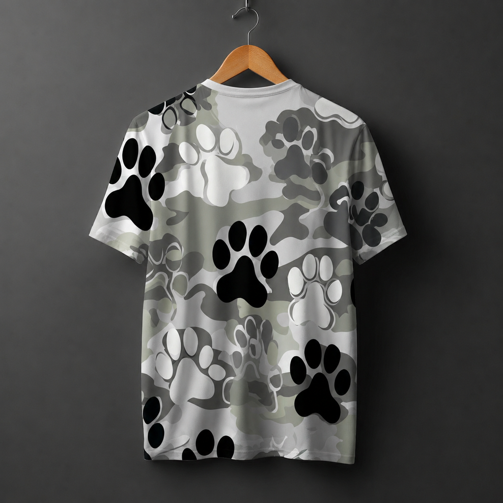 Grey Camo Paw Print Regular Fit T-Shirt