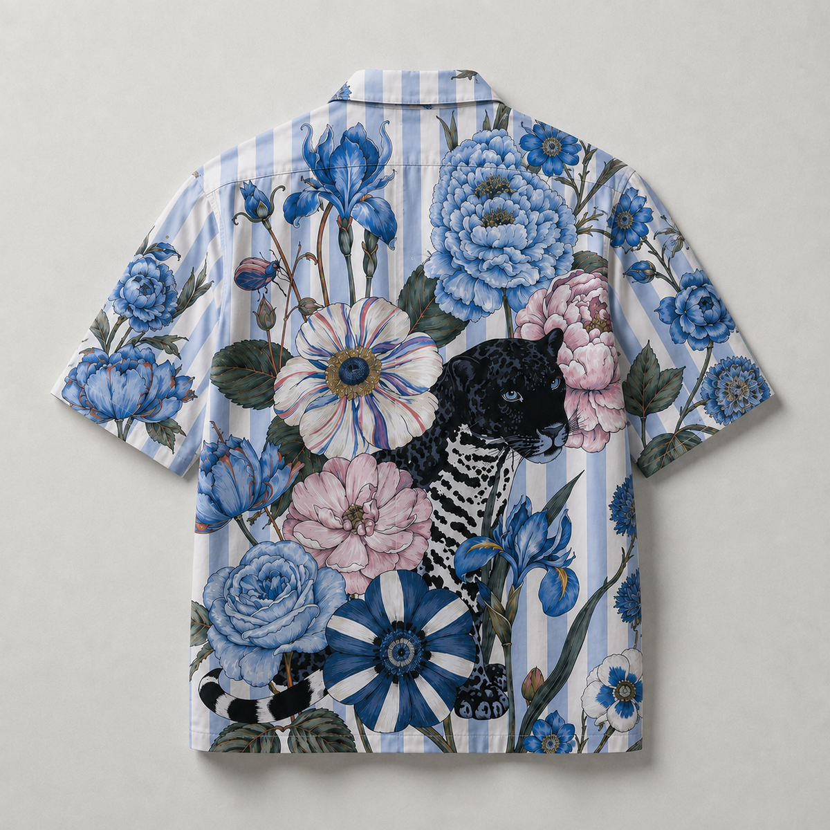 Blue Floral Black Panther Cuban Collar Shirt