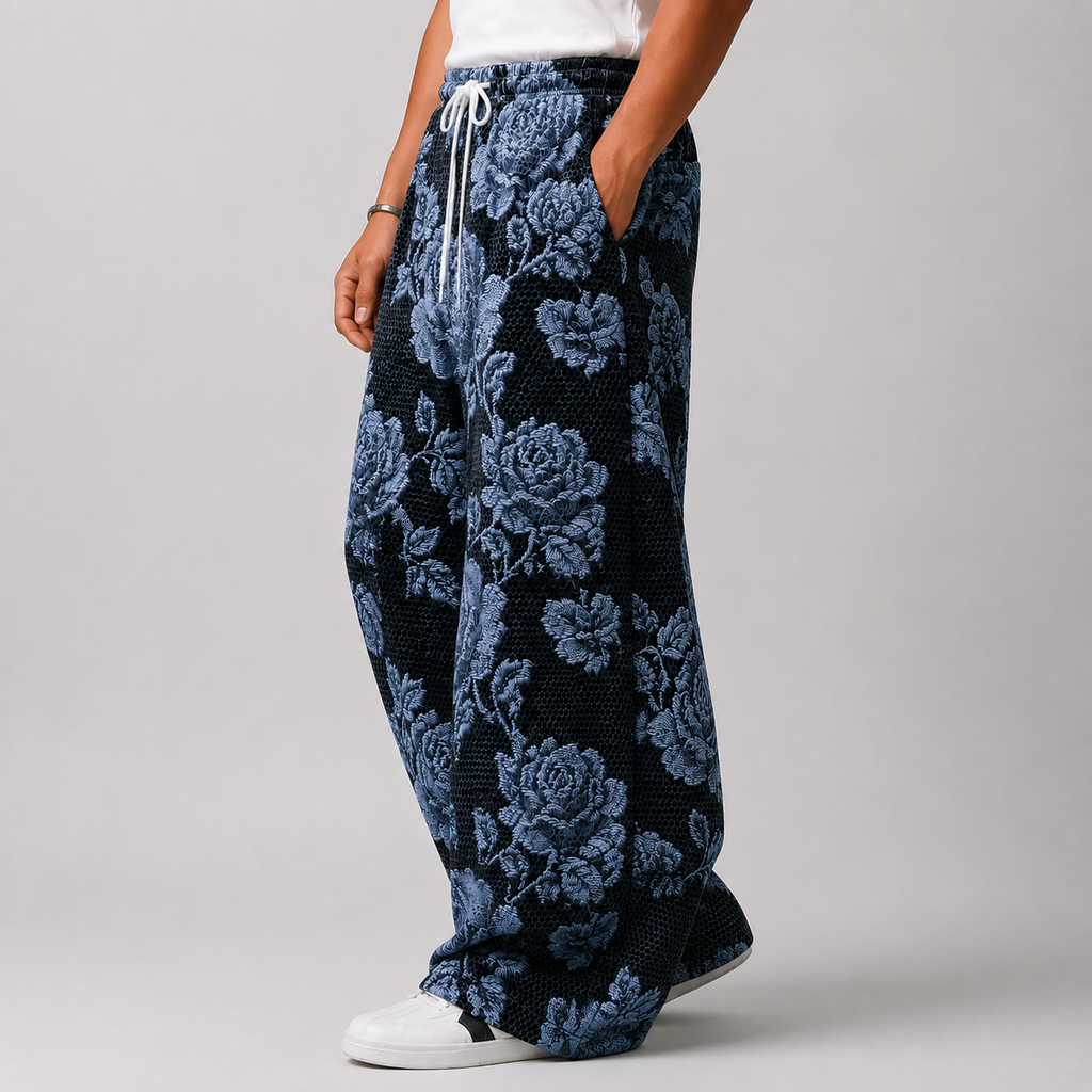 All-Over Blue Floral Lace Baggy Pants