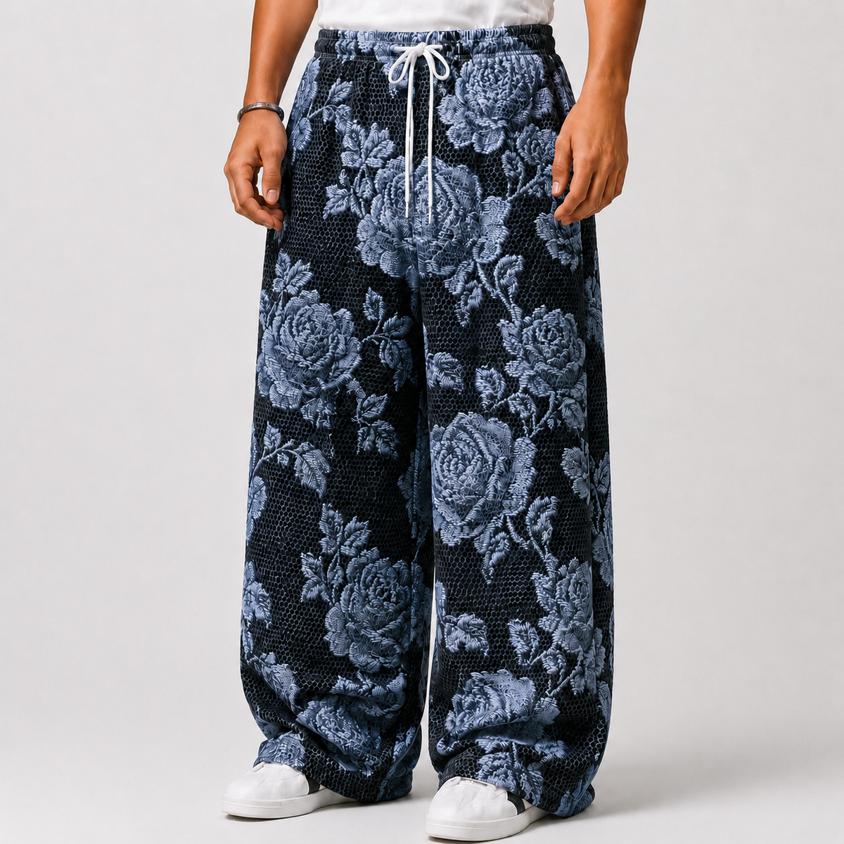 All-Over Blue Floral Lace Baggy Pants