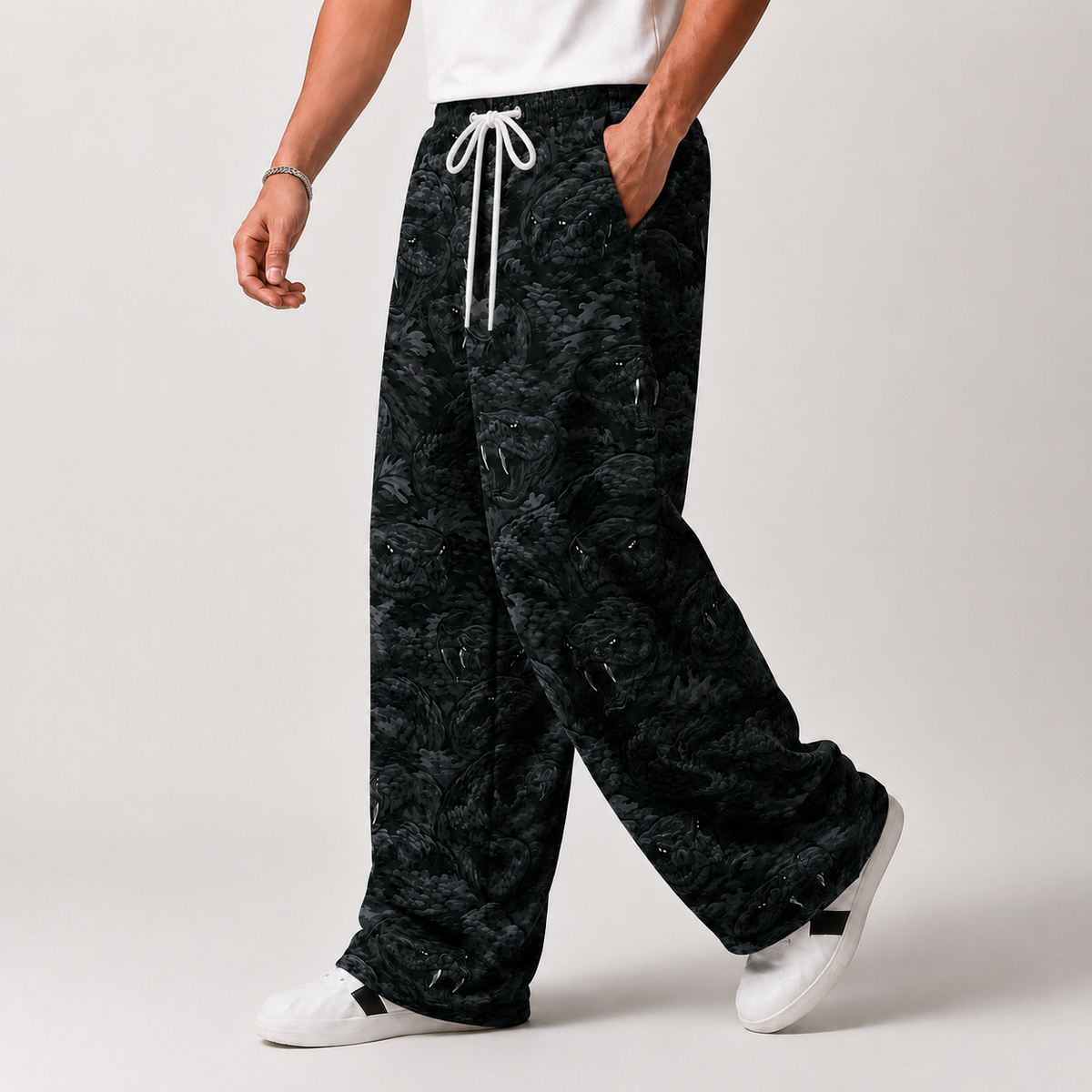 Black Python Print Baggy Oversized Pant