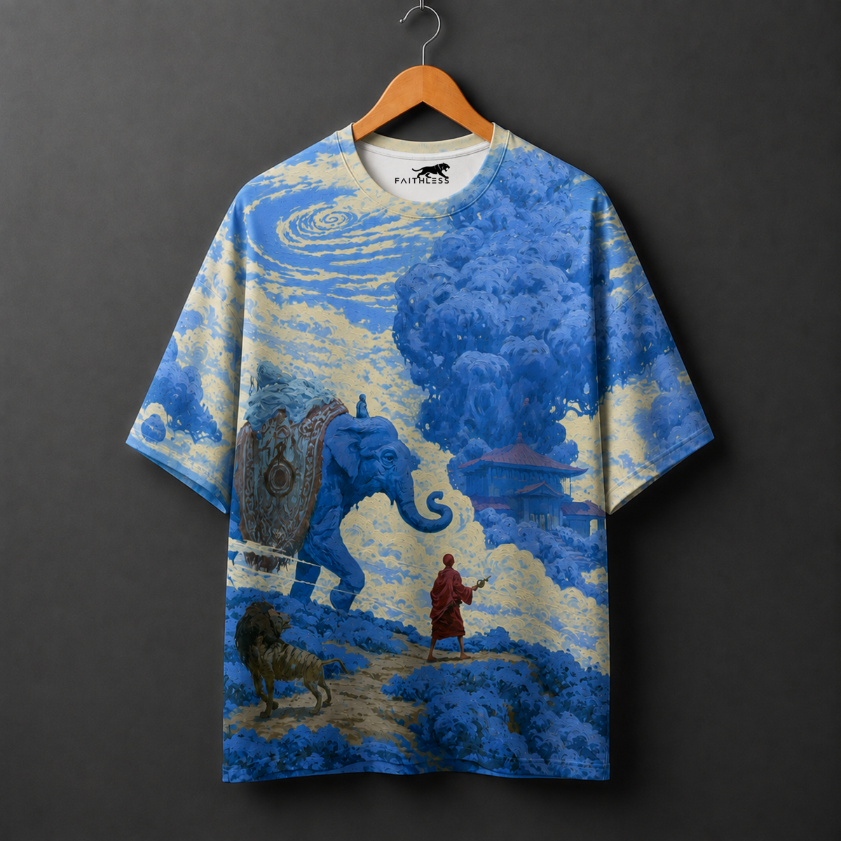 Blue Elephant Jungle Oversized Graphic T-Shirt