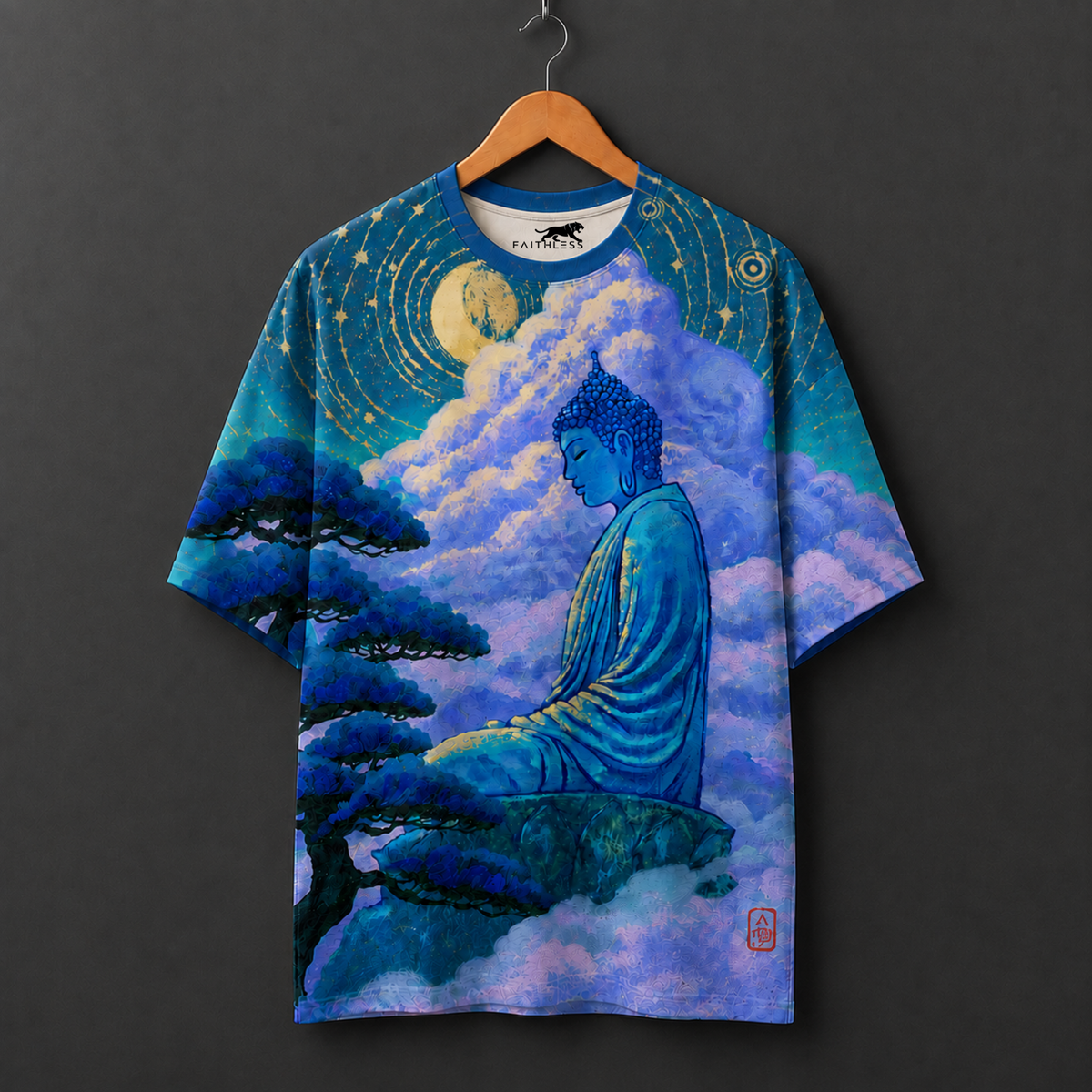 Blue Buddha Meditation Oversized Graphic T-Shirt