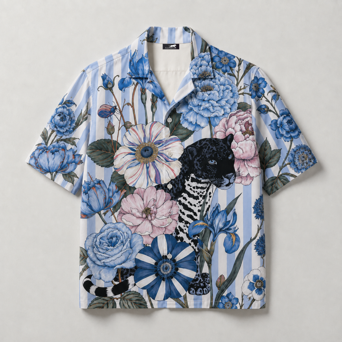Blue Floral Black Panther Cuban Collar Shirt