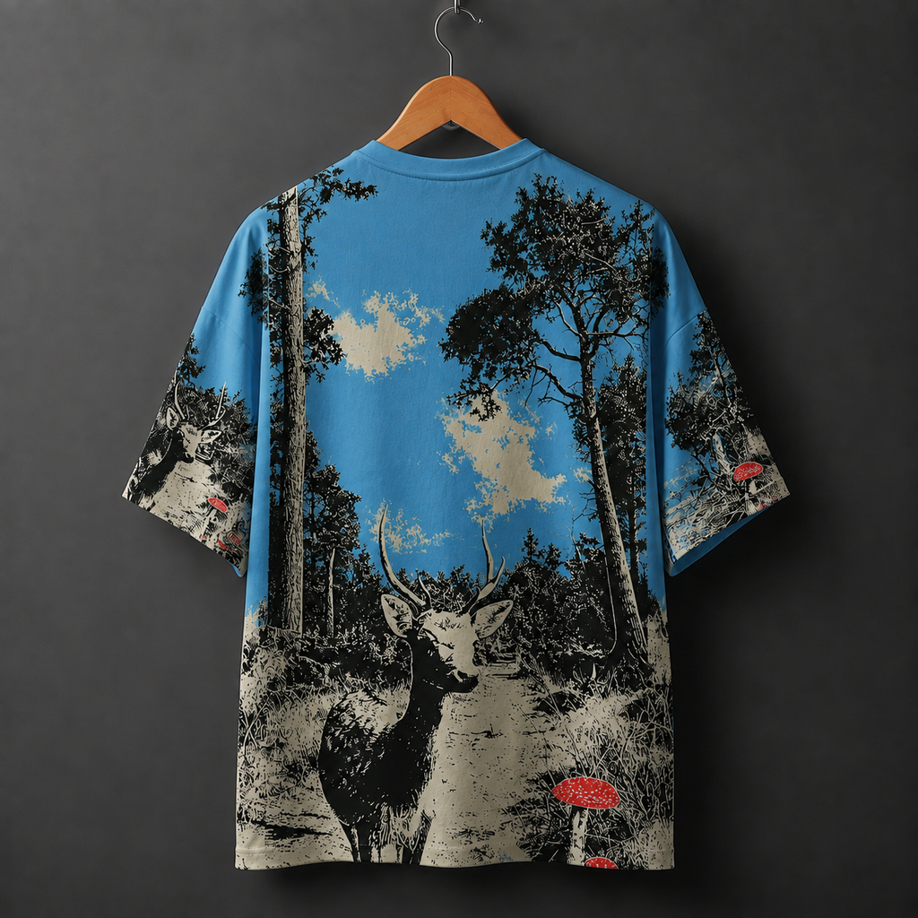 Blue Forest Deer Oversized Graphic T-Shirt