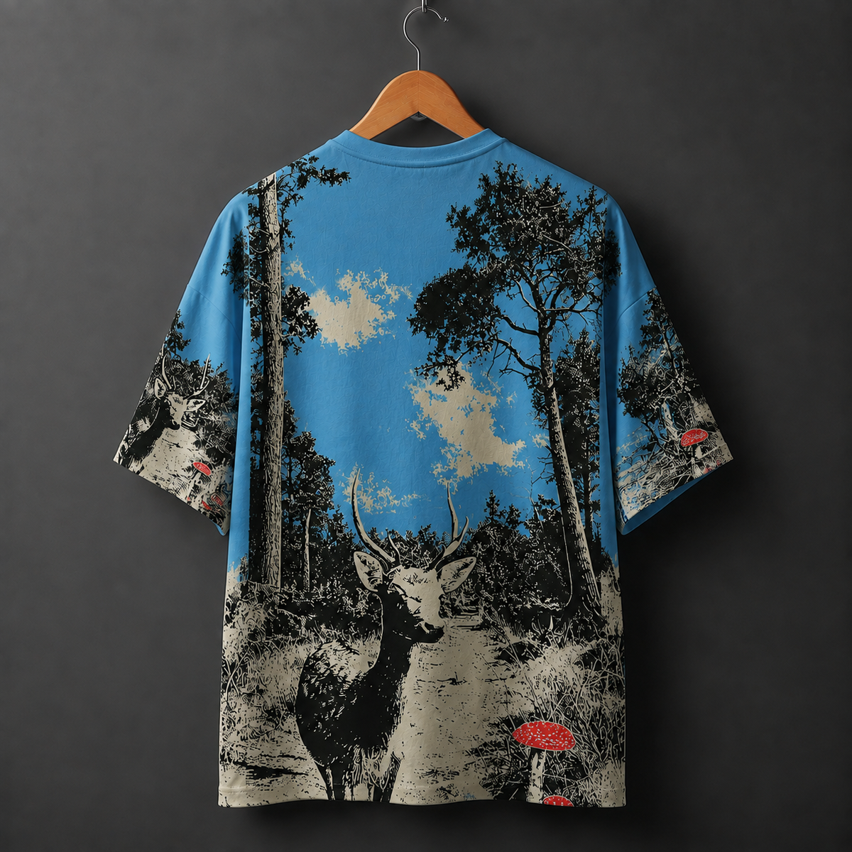Blue Forest Deer Oversized Graphic T-Shirt