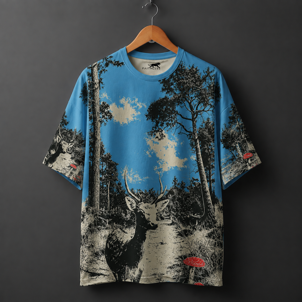 Blue Forest Deer Oversized Graphic T-Shirt