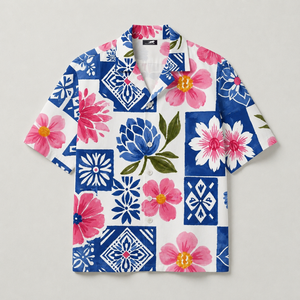 Floral Mosaic Cuban Collar Shirt for Men