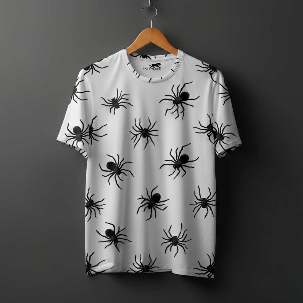 Gothic Spider Web and Heart Pattern T-Shirt