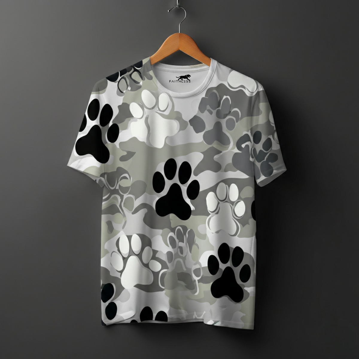 Grey Camo Paw Print Regular Fit T-Shirt