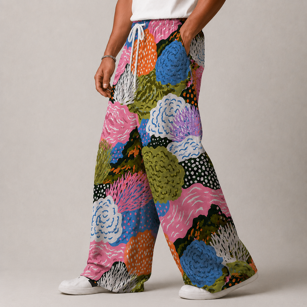 Ocean Coral Print Wide Leg Pants