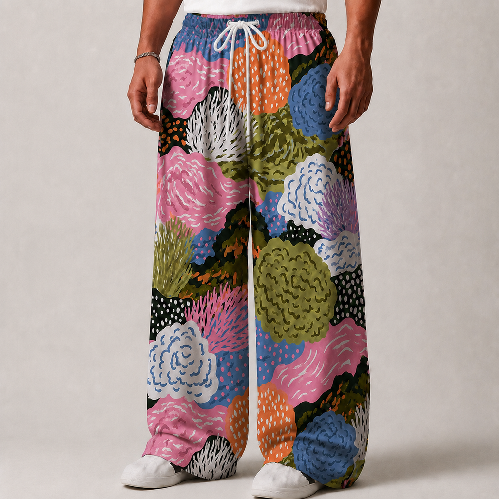 Ocean Coral Print Wide Leg Pants