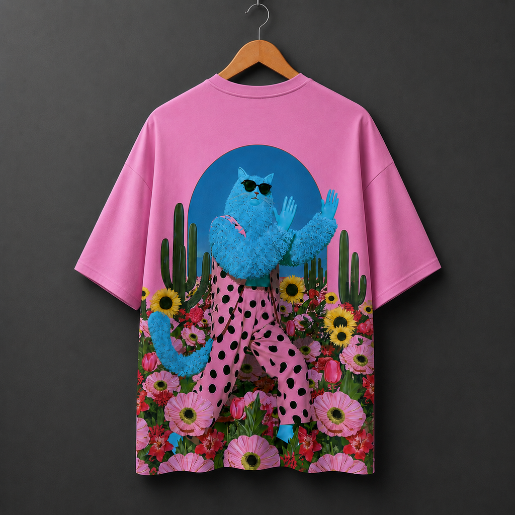 Pink Cat Garden Oversized Graphic T-Shirt