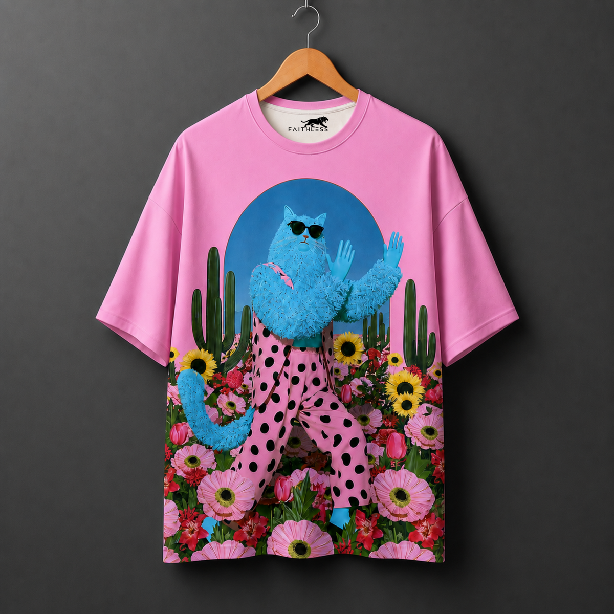 Pink Cat Garden Oversized Graphic T-Shirt