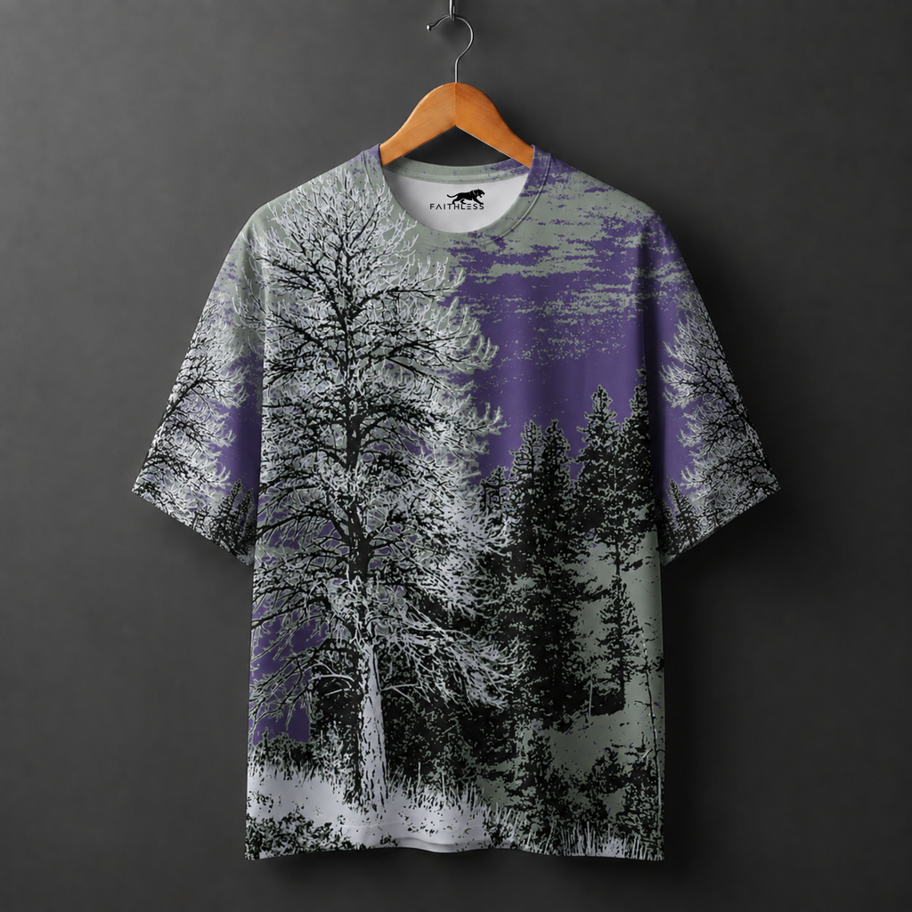 Purple Winter Forest Oversized Graphic T-Shirt