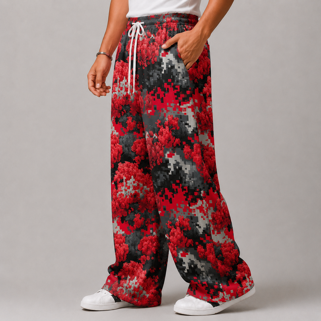 Red Pixel Smoke Print Baggy Pants