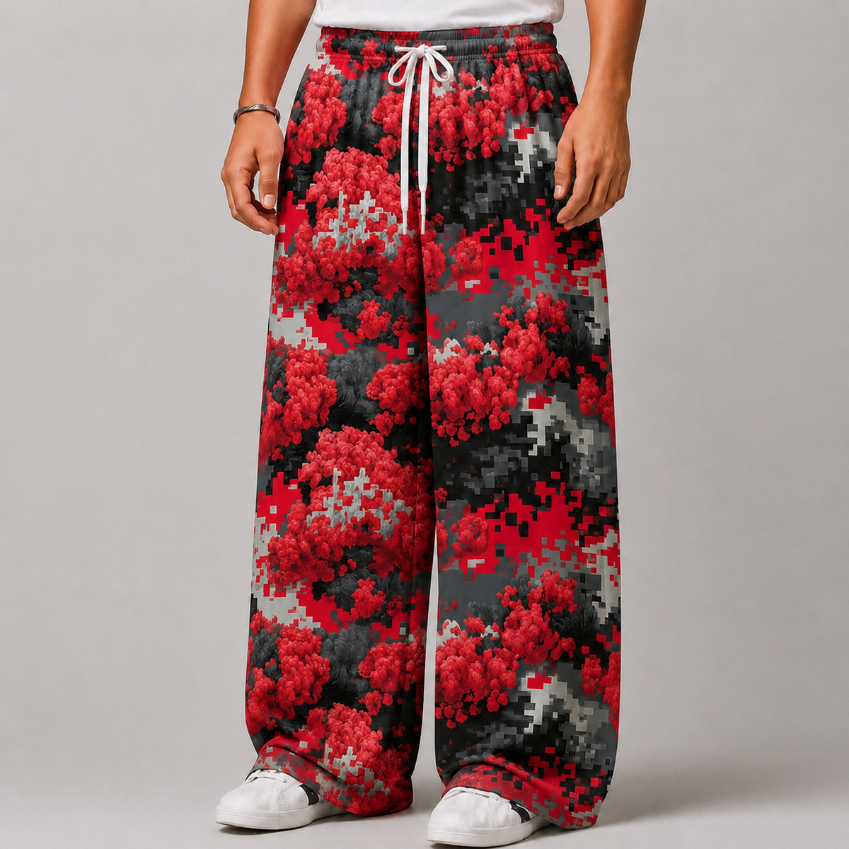 Red Pixel Smoke Print Baggy Pants