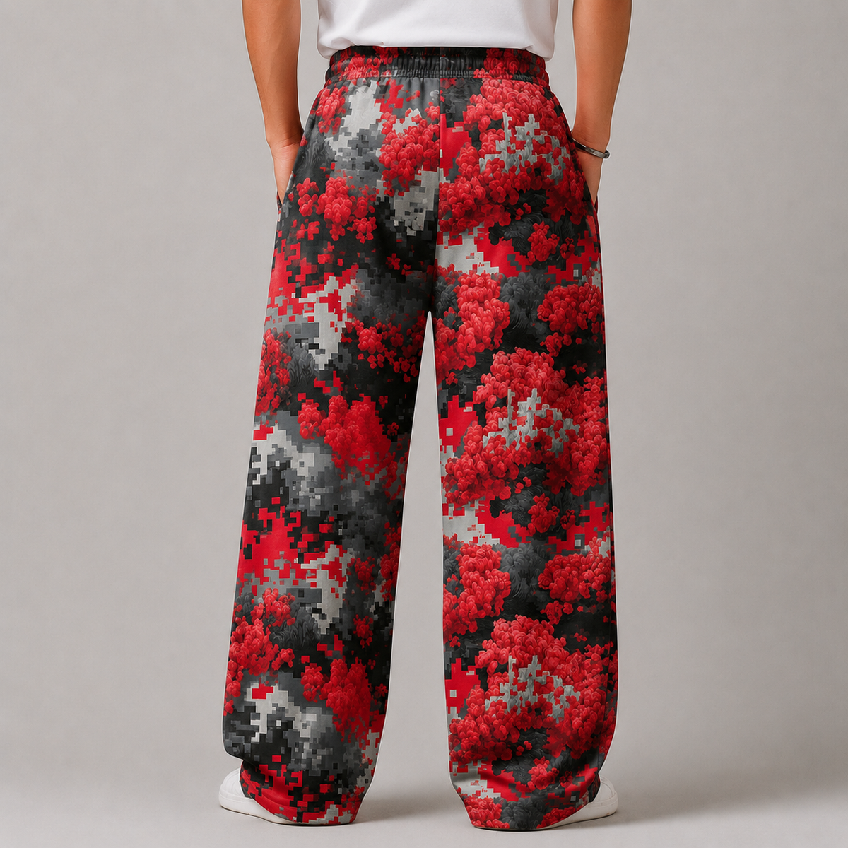 Red Pixel Smoke Print Baggy Pants