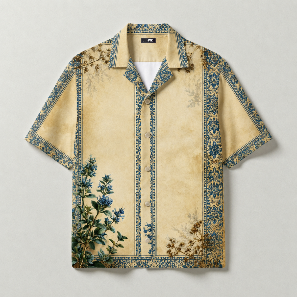 Royal Botanica Cuban Collar Shirt – Vintage Floral Border Print