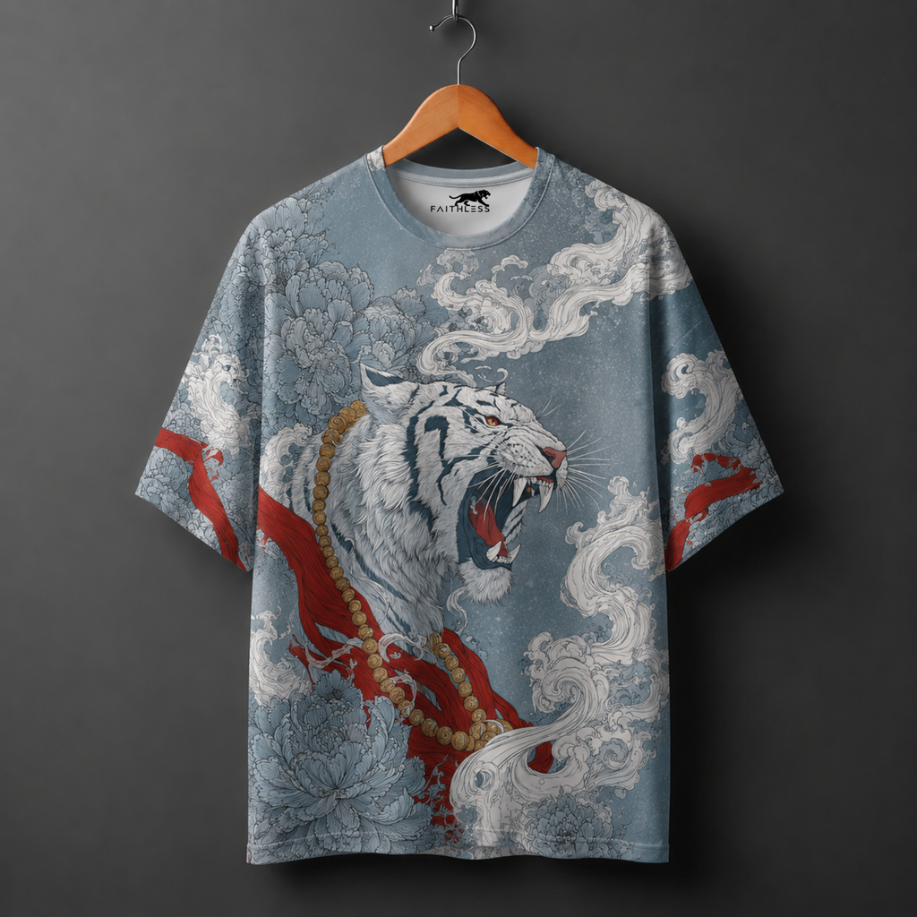 White Tiger Japanese Warrior Oversized Graphic T-Shirt