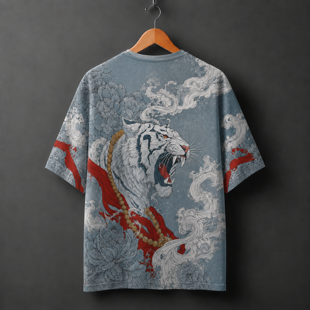 White Tiger Japanese Warrior Oversized Graphic T-Shirt