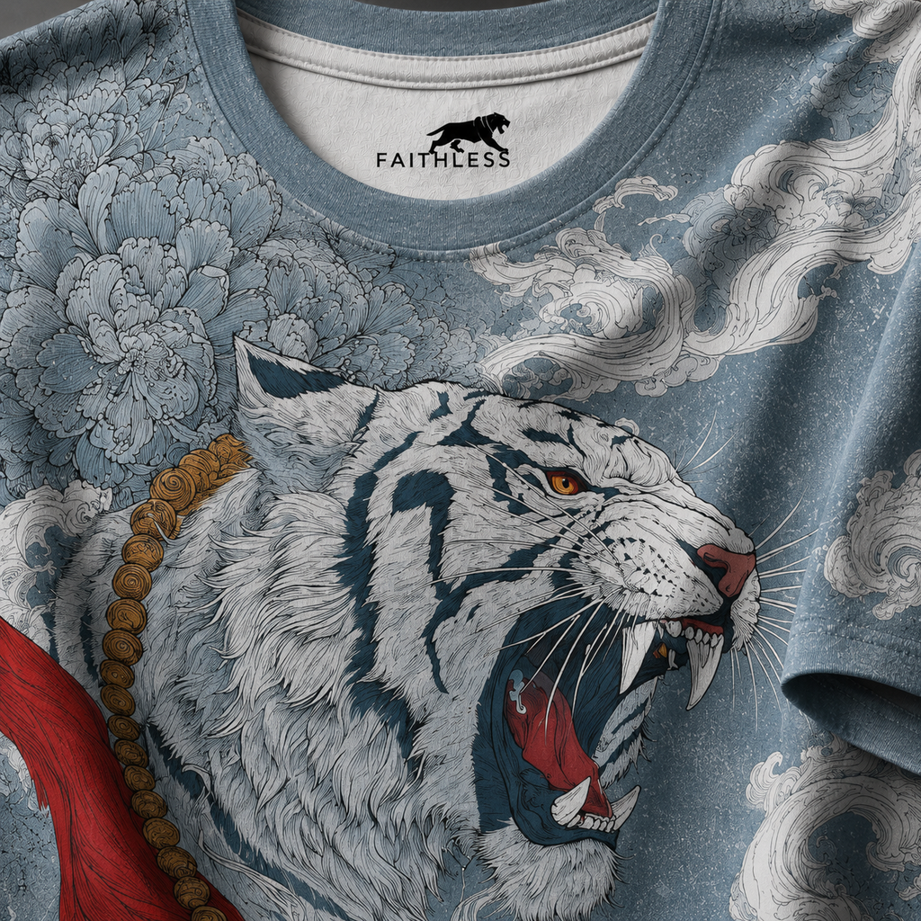 White Tiger Japanese Warrior Oversized Graphic T-Shirt