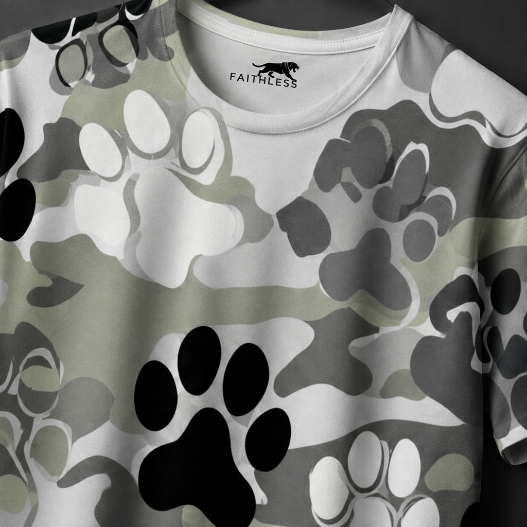 Grey Camo Paw Print Regular Fit T-Shirt