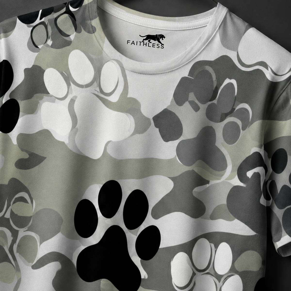 Grey Camo Paw Print Regular Fit T-Shirt